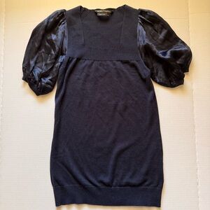 BCBGMaxAzria Navy Blue Knit Top with Satin Sleeves